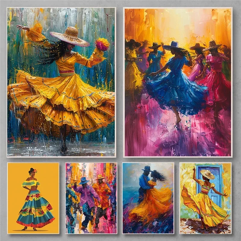 Impresión Artística de Bailarines de Bomba de Puerto Rico, Pintura Vibrante de Pareja Bailando Tradicionalmente, Decoración para el Hogar, Regalo, Arte de Pared de Puerto Rico
