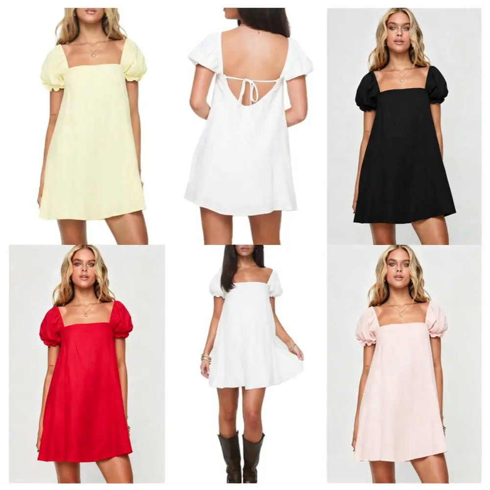 Women Summer Puff Sleeve Off Shoulder Dress Cotton Casual Mini A Line Sundress Sexy Backless Slim Waist Beach Party