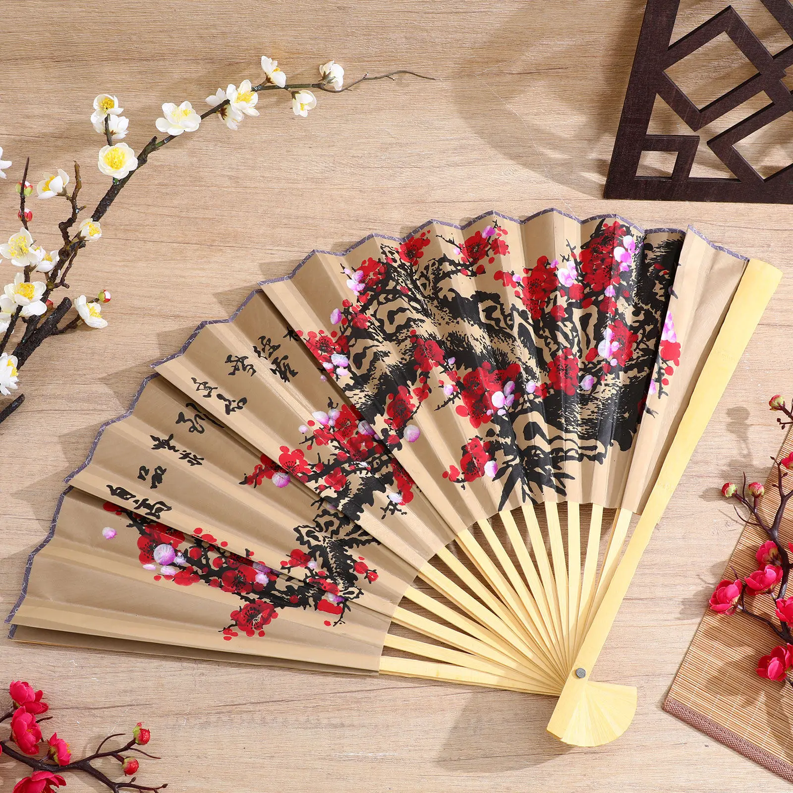 Oversized Chinese Paper Fan Wall Decor Folding Wood Frame Hanging for Home Living Room Wedding Photo Prop
