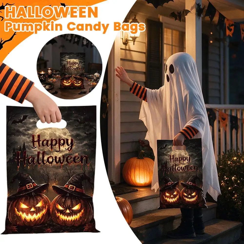50/100/200Pcs Moon Castle Pumpkin Witch Hat Printed Treat Bags Dark Style Halloween Gift Bags Trick Or Treat Party Favor Handbag
