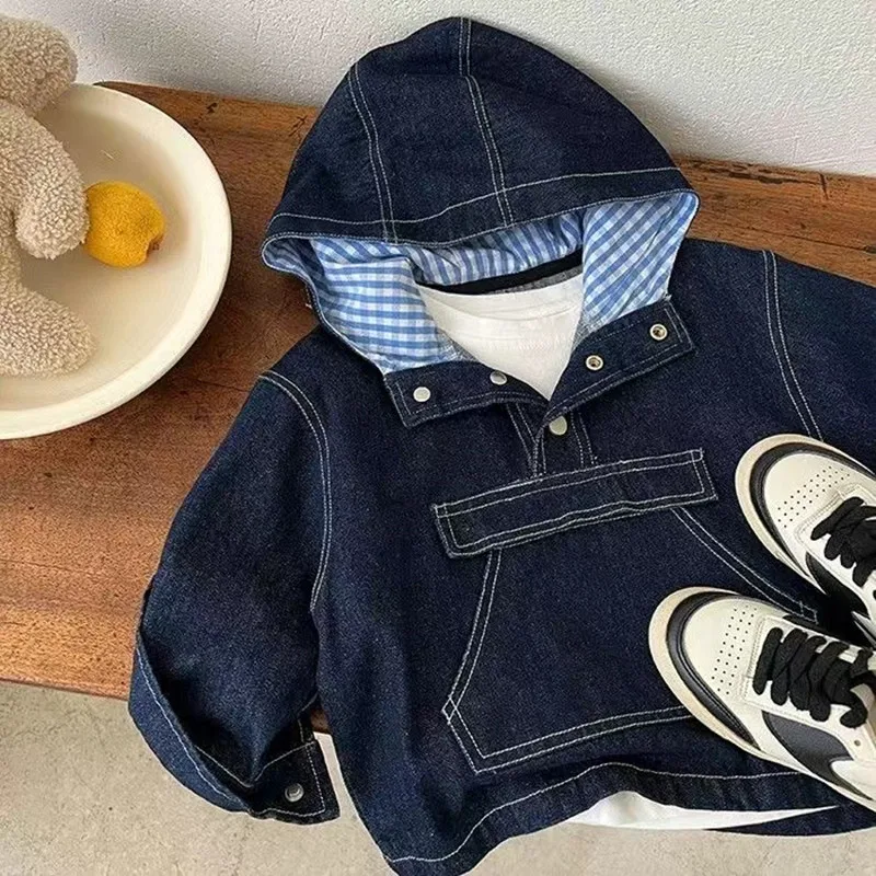 

Children's Denim Jacket 2024 New Style Boys' Spring and Autumn Pullover Stylish Hooded Top for Children Fashionable Jacket