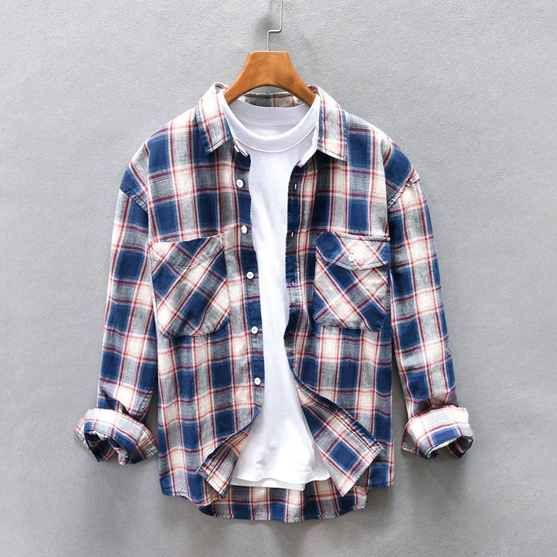 

British Style Men Plaid Shirt Long Sleeve Spring Fall Daily Casual Pure Cotton Tops Double Pocket Loose Shirts Vintage Shirt Man