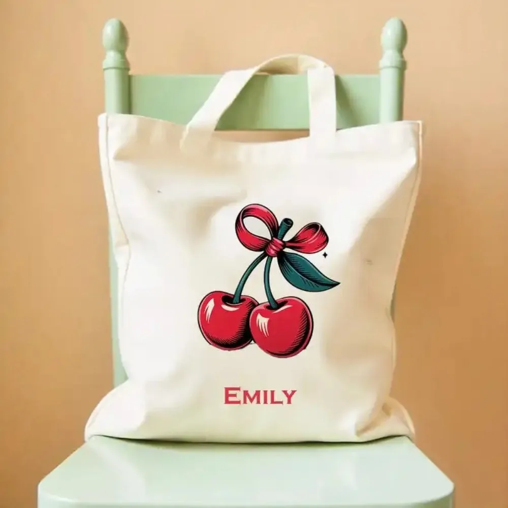 Two D Canvas Tote Bag With Cherry Bow Design Have A Good Day Casual Fashion Handbag Machine Washable Durable Canvas Material