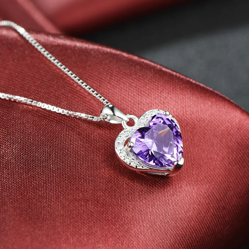 925 Sterling Silver Necklace Big 6ct Heart of the ocean Purple gemstone Wedding Pendant Necklace for Women Jewelry gift