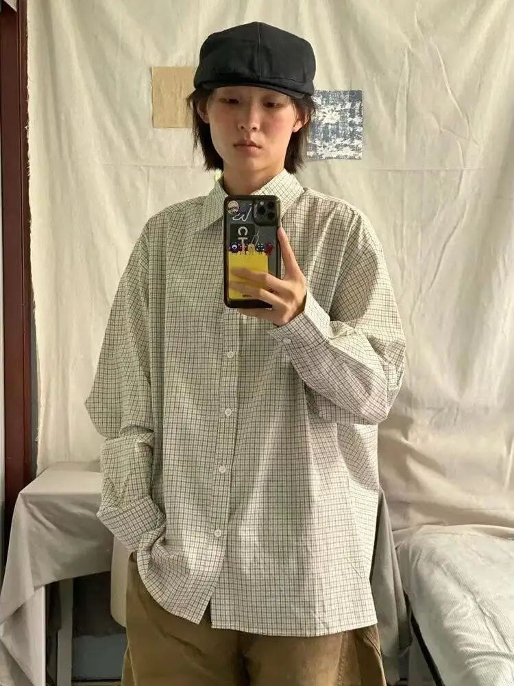 

Японская мужская рубашка в стиле ретро с длинным рукавом, свободного кроя, в клетку, осенняя, повседневная, модная, молодежная, весенняя