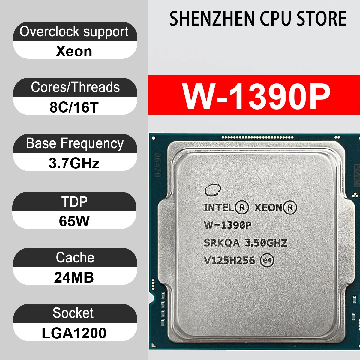 Intel Xeon W-1390P 8 Core 16 Thread 3.7GHz 65W 24MB Cache 10nm Rocket Lake-W DDR4-3200 MHz SRK45 LGA1200 UHD Graphics P750
