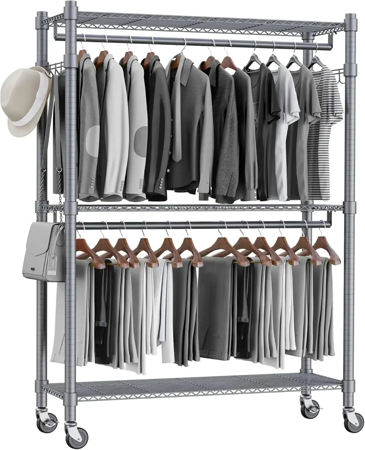 3 Shelves Wire Shelving Clothing Rolling Rack Heavy Duty Commercial Grade Garment Rack with Wheels and Side Hooks (Gray)