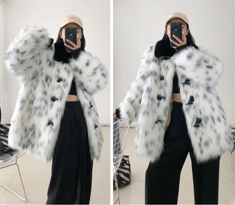 المرأة طباعة الدافئة فو الثعلب الفراء معطف طويل الأكمام واحدة الصدر معاطف سيدة سترة الشارع الشهير فروي جاكيتات الخريف الشتاء