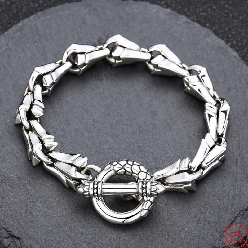 

S925 Sterling Silver Bracelets for Men New Fashion Ancient Dragon-bone OT-buckle11mm Bamboo-chain Punk Jewelry Wholesale