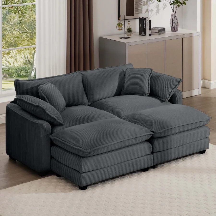 

Corduroy TwoSeater Sofa with 2 Footrest 2Seater Sofa with man for Small Living Spaces Grey Corduroy Sofa