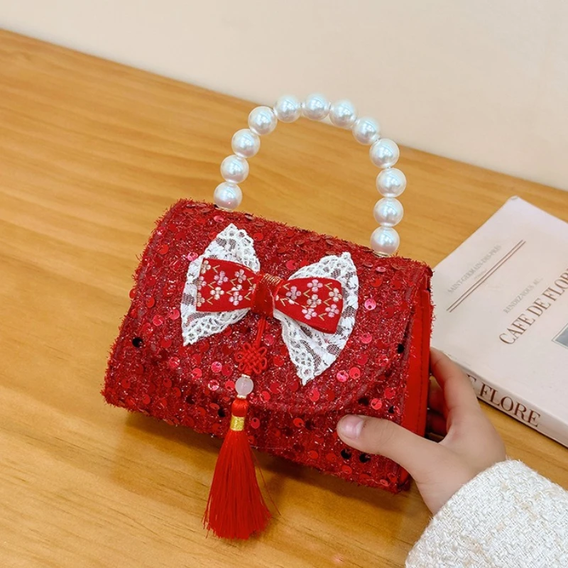 

New Year Baby Girls Red Shoulder Bags Sweet Bowknot Tassel Children's Chain Crossbody Bag Pearl Handle Sequin Princess Handbags