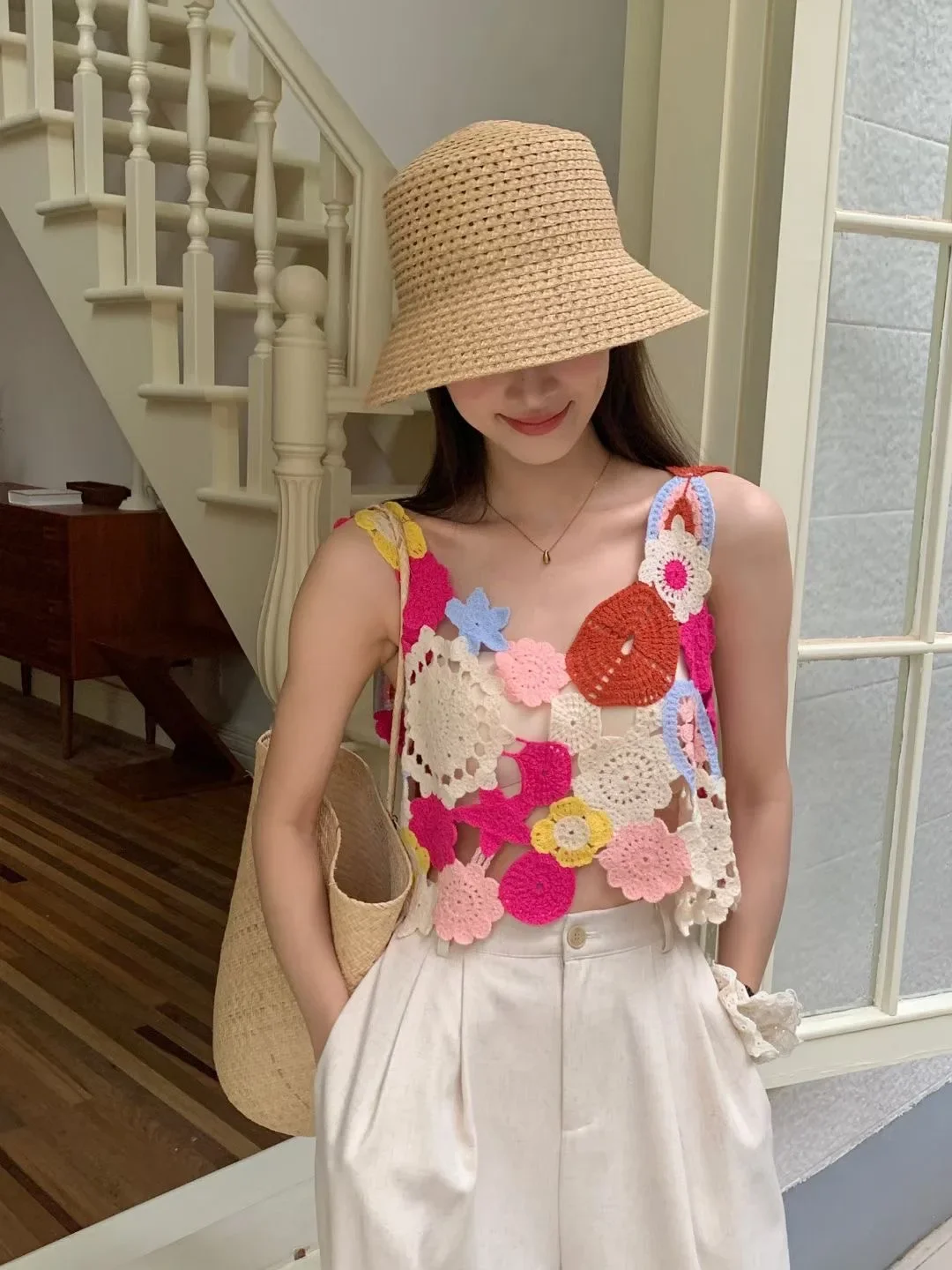 Embroidery Floral Crochet Tank Top Multicolor Open-knit Crop Tank Tops Women Teengirl Summer Fairycore Cottagecore Outfit