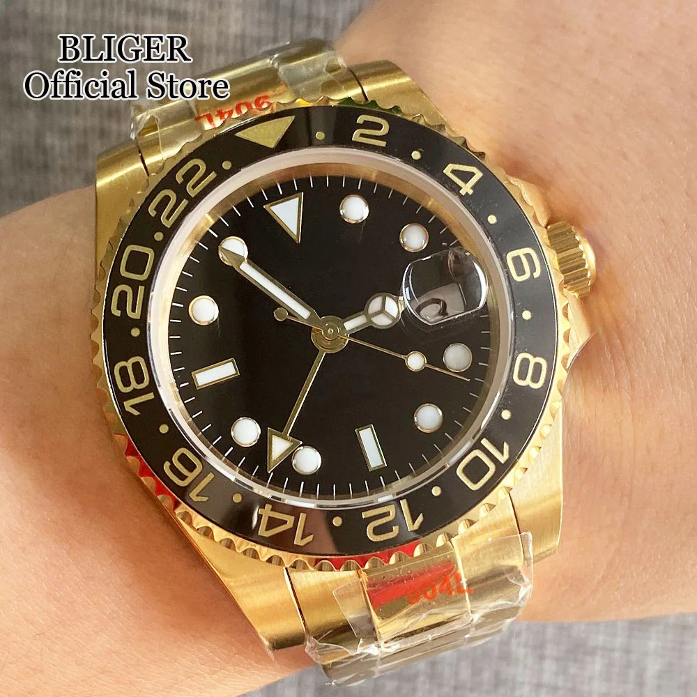 BLIGER New NH34A 40mm Gold Case GMT Function NH34 GMT Automatic Watch Men Ceramics Insert Sapphire Glass Green Luminous