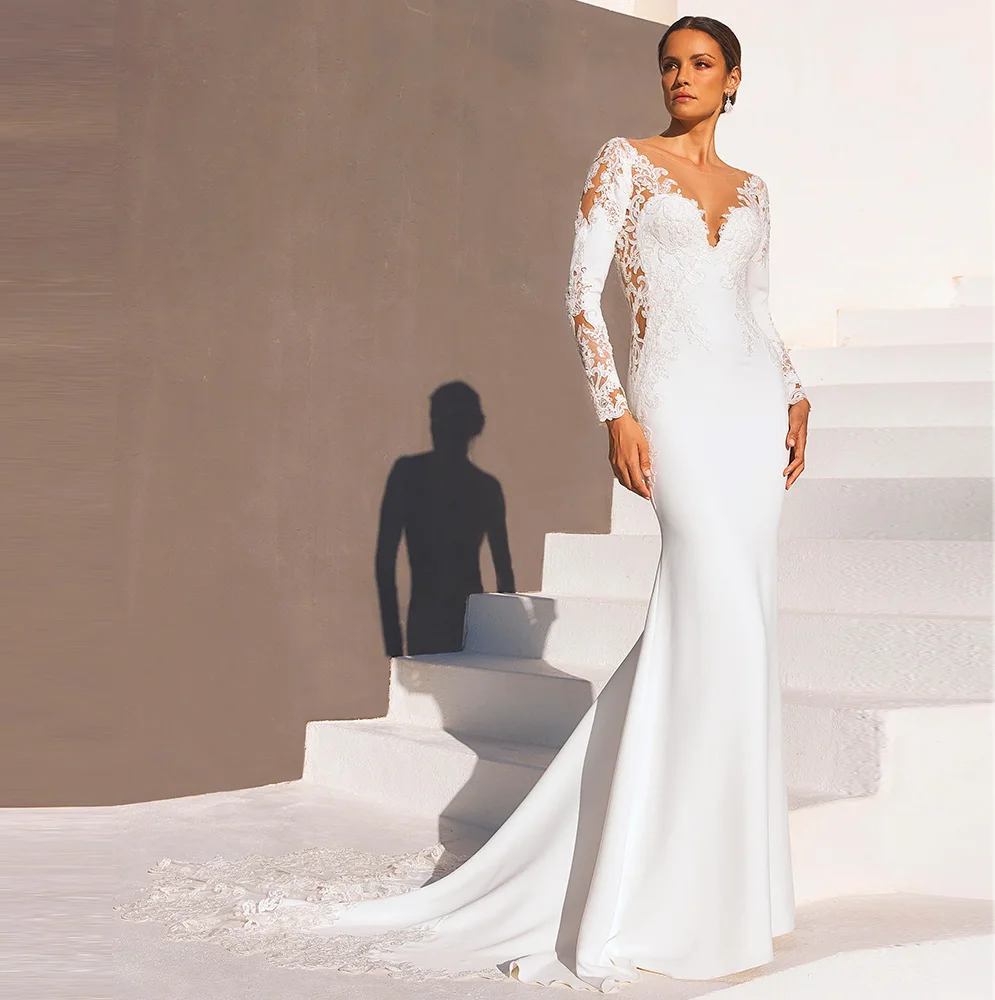 

Romantic Appliques Jersey Wedding Dress Elegant Customized Sweetheart Long Sleeves Bridal Gown Charming Mermaid Vestido De Novia