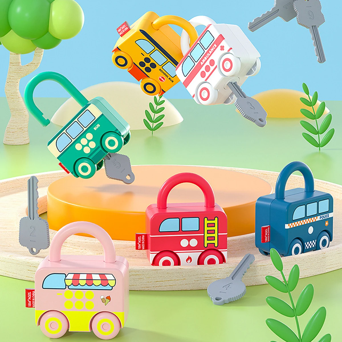 6Pcs Montessori Early Learning Lock Unlock Car Train Toy with Keys Kids Math Counting Motor Skill Educational Toys Xmas Gift