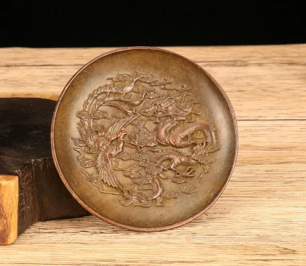 

8.6Cm Chinese Bronze Buddha Sculpture Old Brass Dragon and Phoenix Disc Statue - Brass animal sculpture