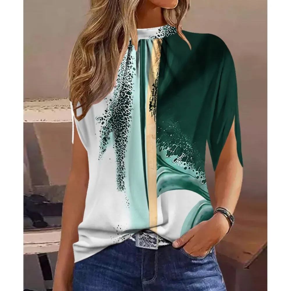 

Women's Casual O-Neck Short Sleeve Loose T-shirt, Fashion Print Pullover Tops for Women, Summer Office Shirts, Elegant Blouses