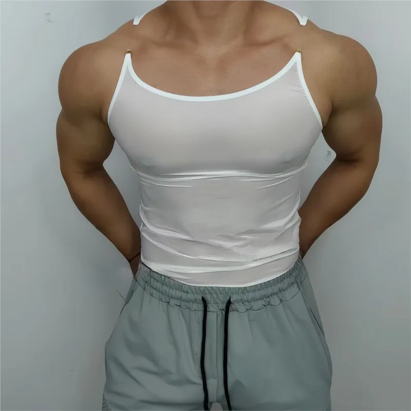 

Sexy Men Oil Glossy Shiny Tank Tops Stain Smooth Spaghetti Strap Sheer See Through Fashion Top High Elastic Sleeveless Shirt