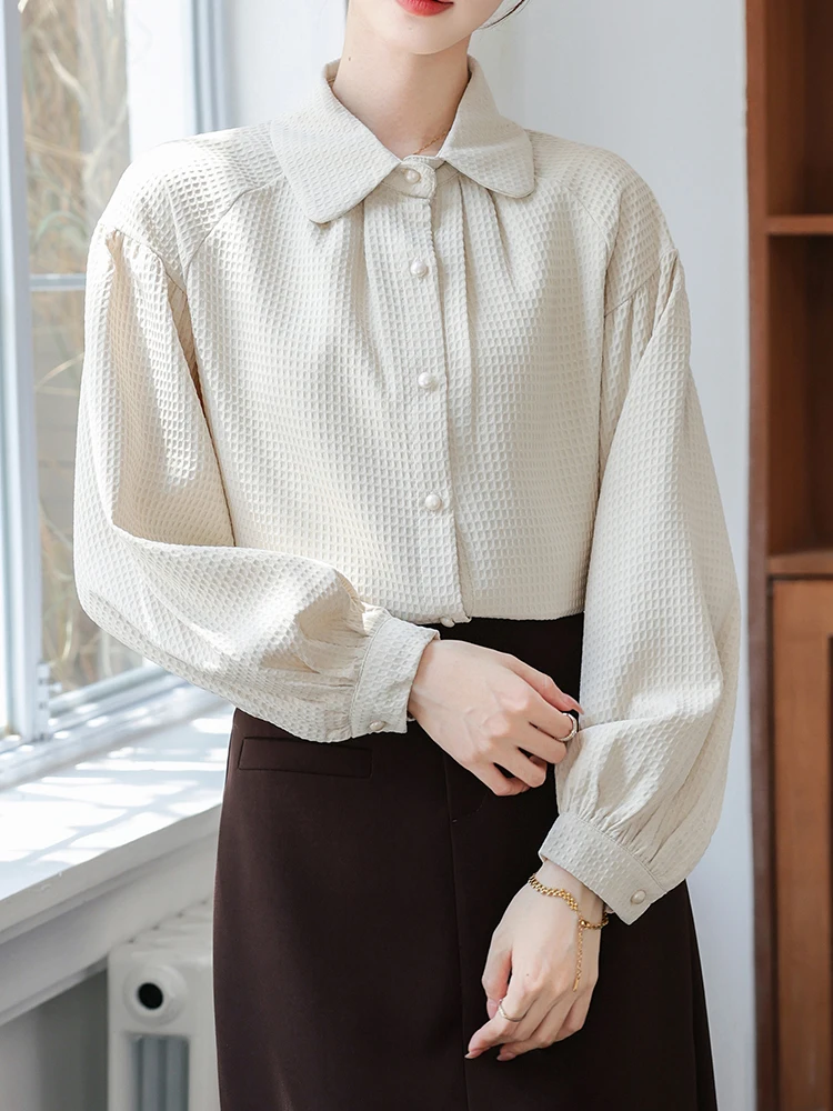 Women Dressy Casual Tops Bussiness Work Blouses Apricot Button Down Shirts Long Sleeve Waffle Single-Breasted Tops Elegant Shirt