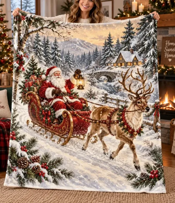 Vintage Santa Sleigh Christmas Blanket, Winter Forest Reindeer Fleece Throw Gift Blanket