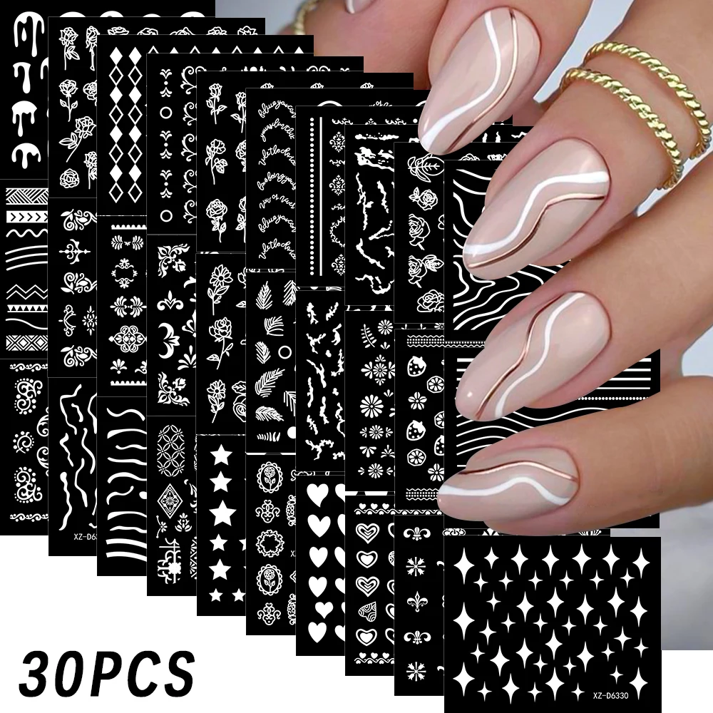 30pcs/Lot White Black Geometric Lines Nail Art Decals 3D French Lines/daisies/hearts Design Nail Slider Wedding Manicure Sticker