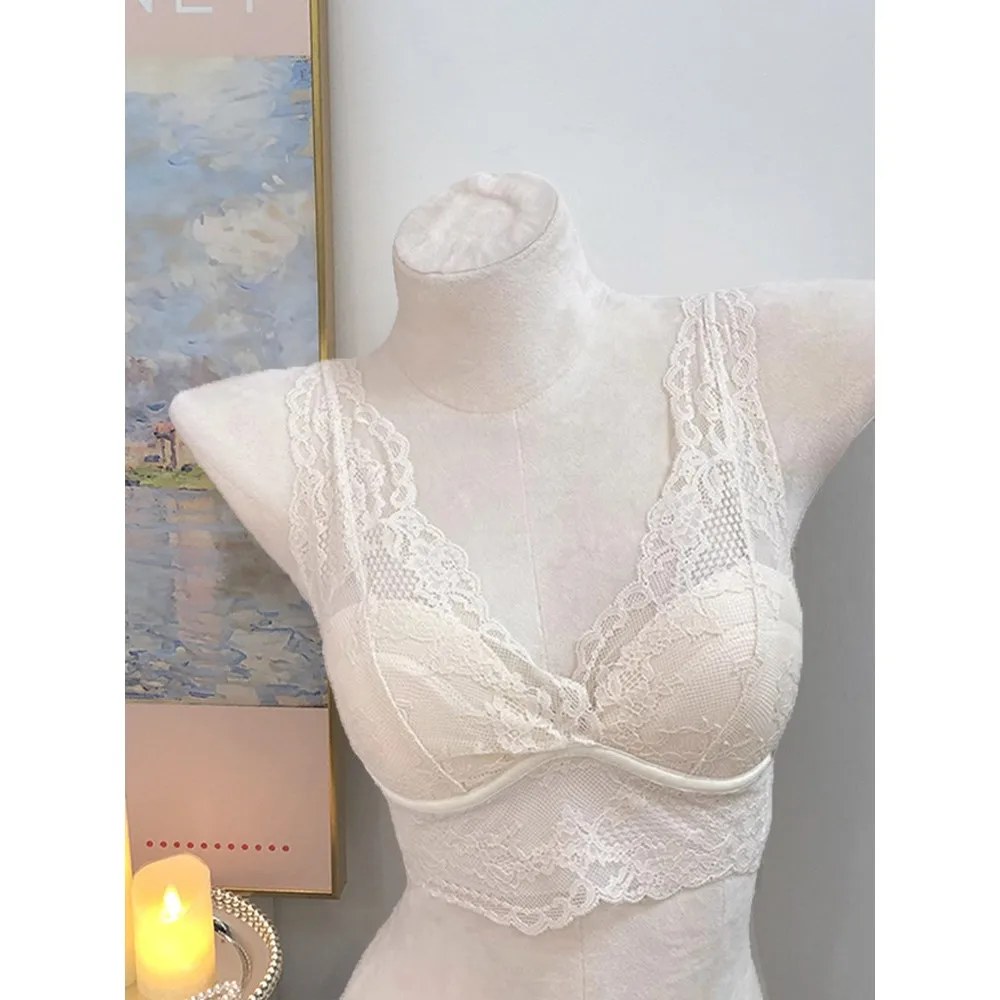 White Lace Seamless Close-Fitting Vest-Style Bra Inner Layer Comfortable Underwear French Style for Young Women No Fastener