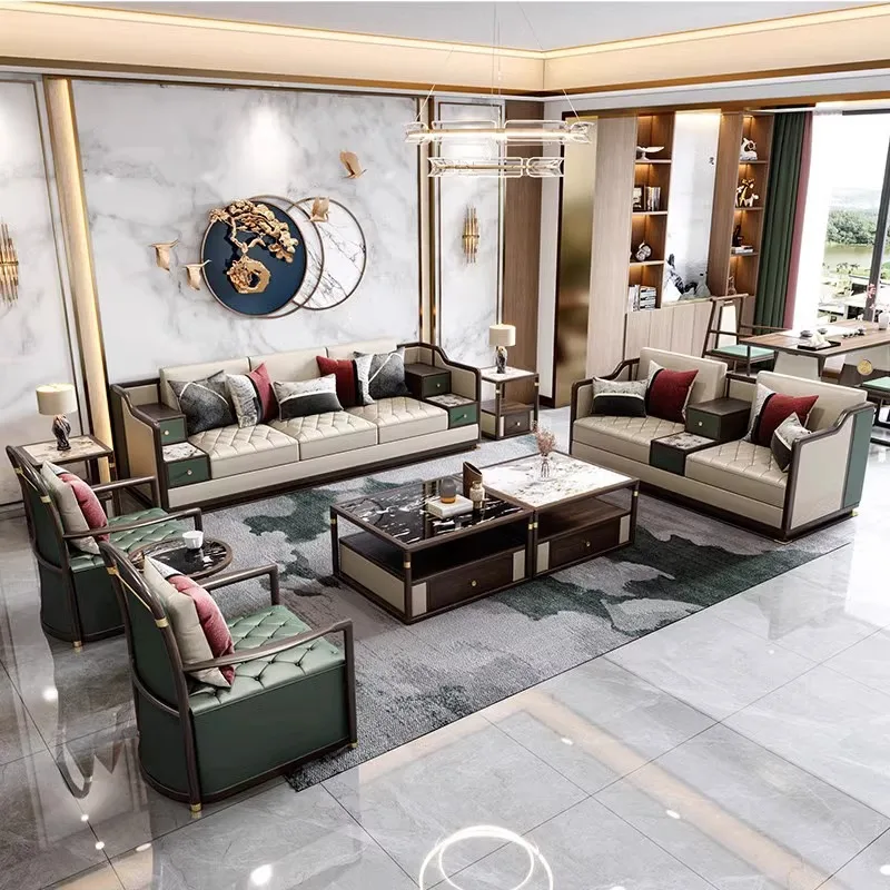 

New Chinese Ebony Sofa Solid Wood Light Luxury Ebony Leather Sofa Villa Ailiguyi Sumu Furniture