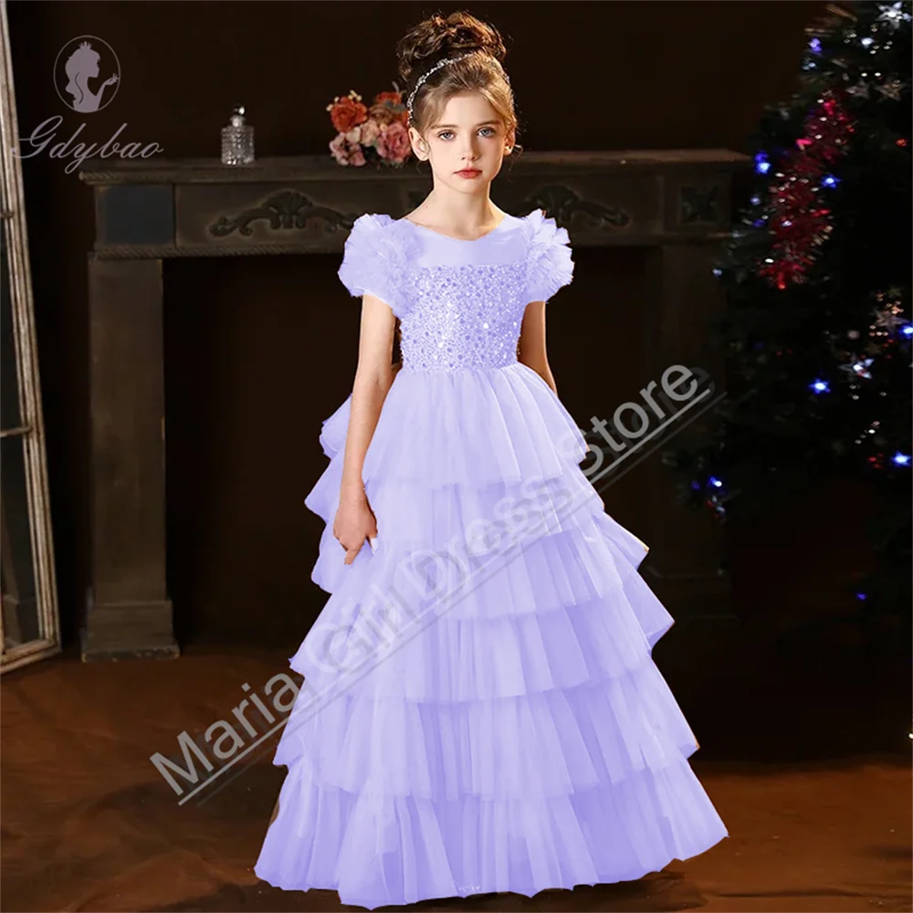 여아 무대 의상 퍼프 소매 스팽글 장식 보디스 티어드 튤 파티 웨딩 정장 꽃 어린이 생일 의상