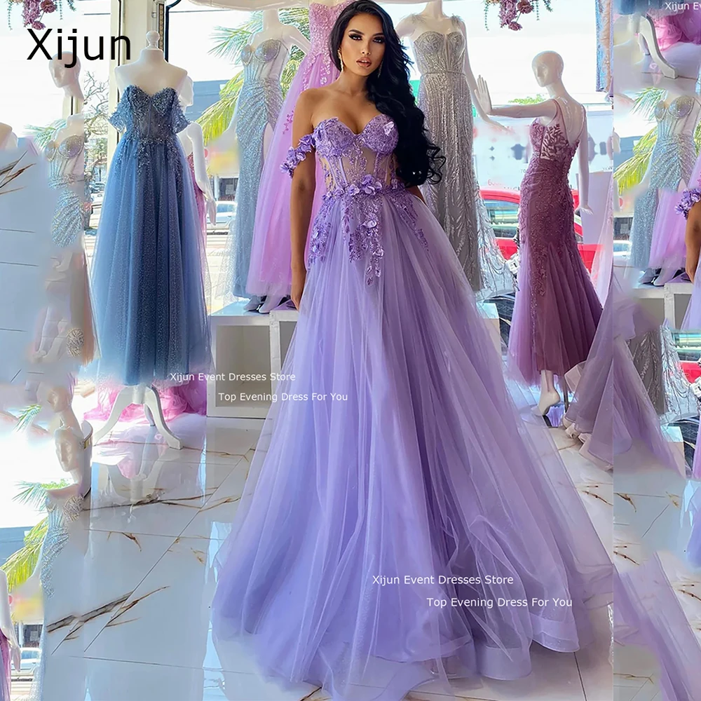 

Xijun Lavender Tulle Evening Dresses Sweetheart Long Prom Dresses Lace Flowers Appliques Prom Gowns A-Line Party Gowns Vestidos