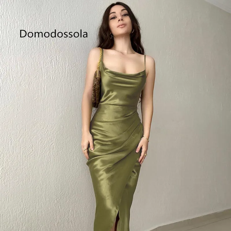 

Summer Women's Dresses Elegant Skinny Club Party Dress Satin Solid Color Sexy Low Cut Backless Slit Slip Evening Gown Maxi Dress