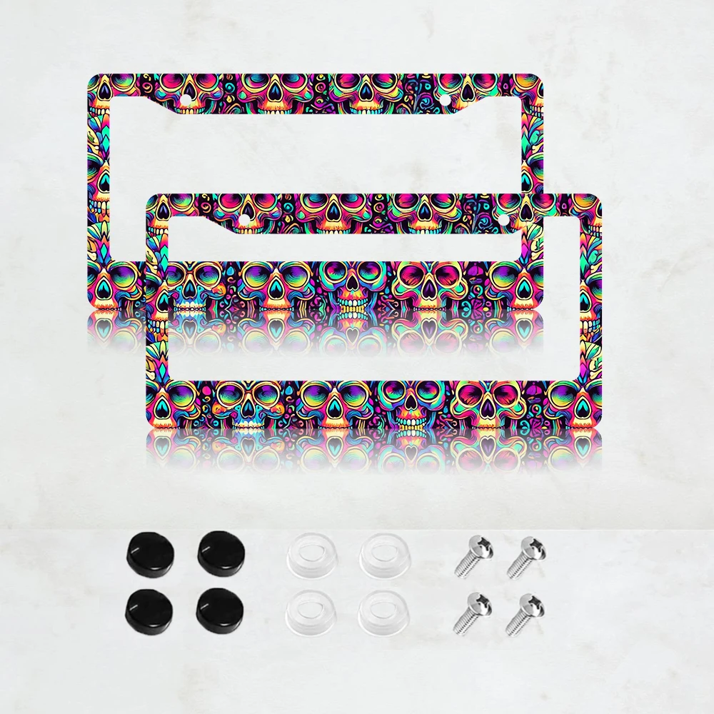 

2 шт. неоновые рамки для номерных знаков с принтом разноцветных черепов, готические, алюминиевые, забавные автомобильные аксессуары