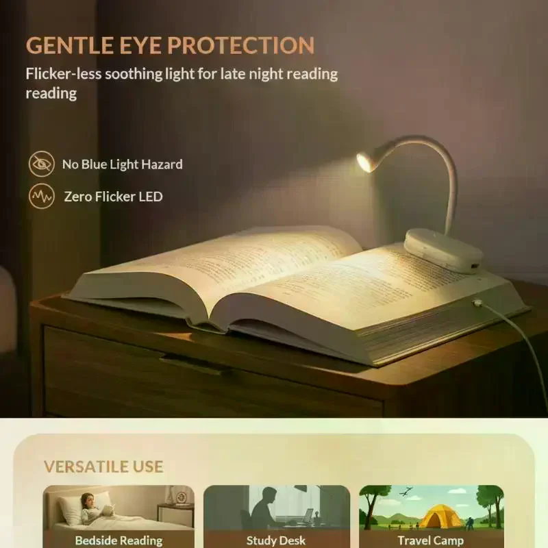 Portable Clip LED Reading Light USB Rechargeable Book Light Clip-on Bed Light Stepless Dimmable Eye Protection Lamp