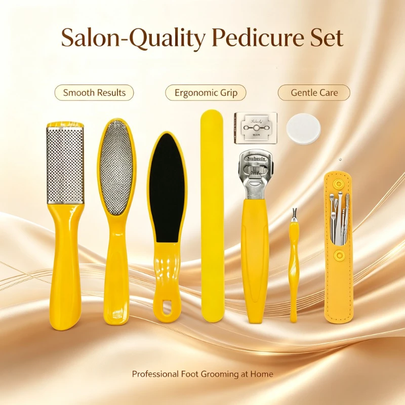 14Pcs Professional Foot Care Pedicure Tools Set, Yellow Plastic Handle Kit with Stainless Steel Blades Foot File,Callus Remover