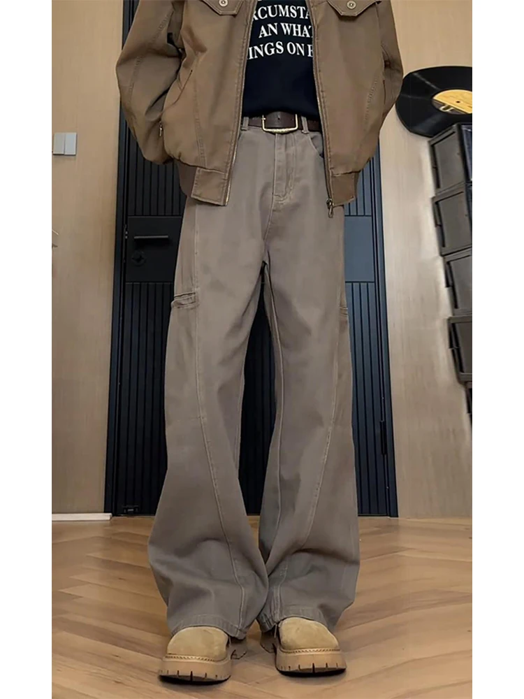 

Мужские джинсы в американском ретро-стиле, кофейного цвета, свободного прямого кроя, рабочие брюки, винтажные, модные, молодежные, с высокой талией