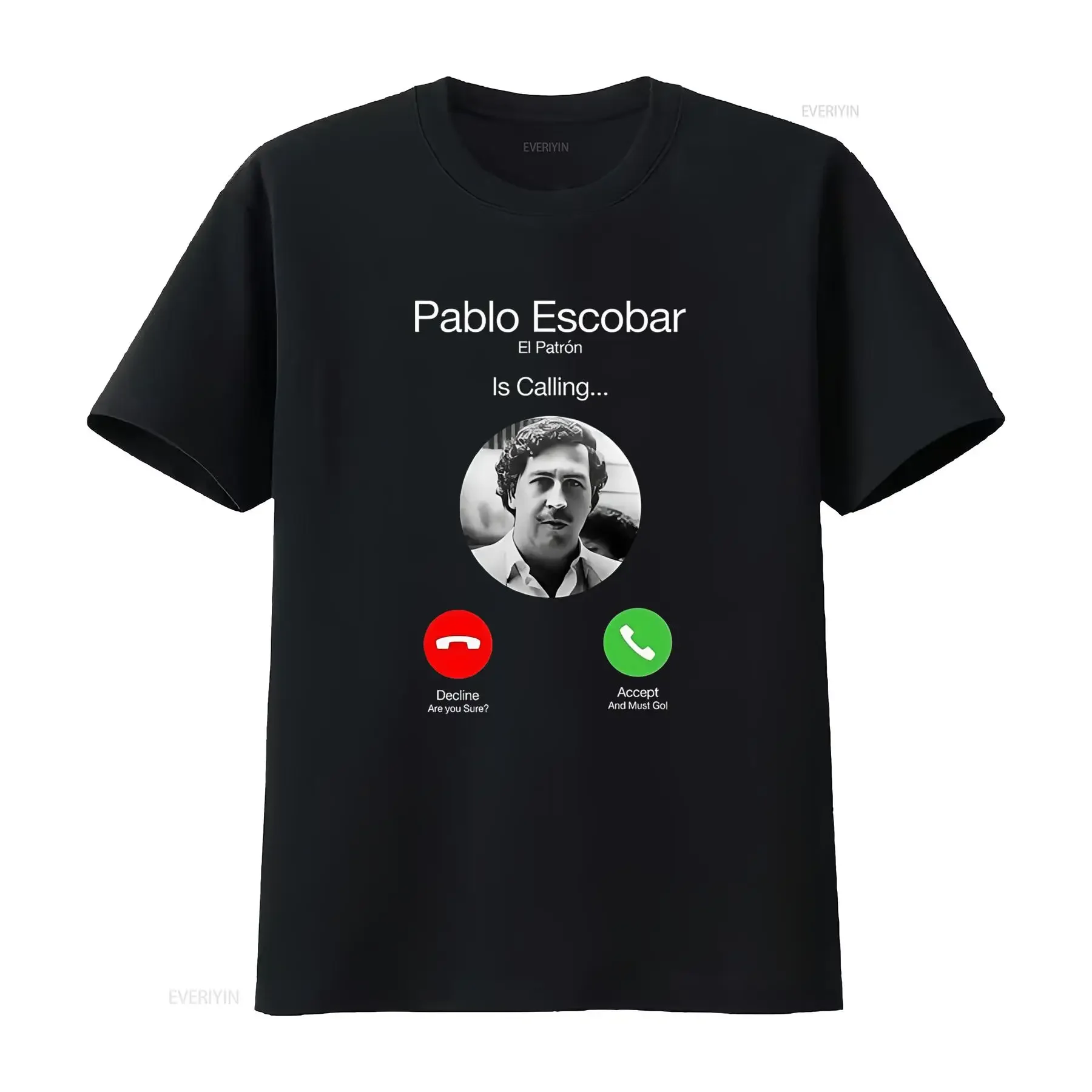 Camiseta masculina de algodão Pablo Escobar El Patron Is Calling com design exclusivo, botão de chamada, lavagem vintage e estampa gráfica.