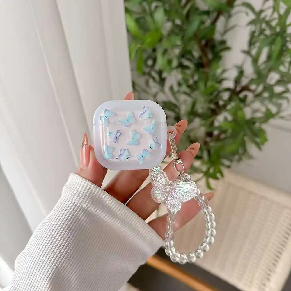 Little pink Flower Pearl Pendant Case Airpods 4 For Apple AirPods Pro 2 Flowers Butterfly Earphone Cases Heart Keychain