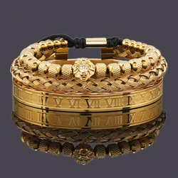 Luxury Lion Head Charm Beaded Man Bracelet Set Roman Stainless Steel Bangles Women Couple Jewelry Gift