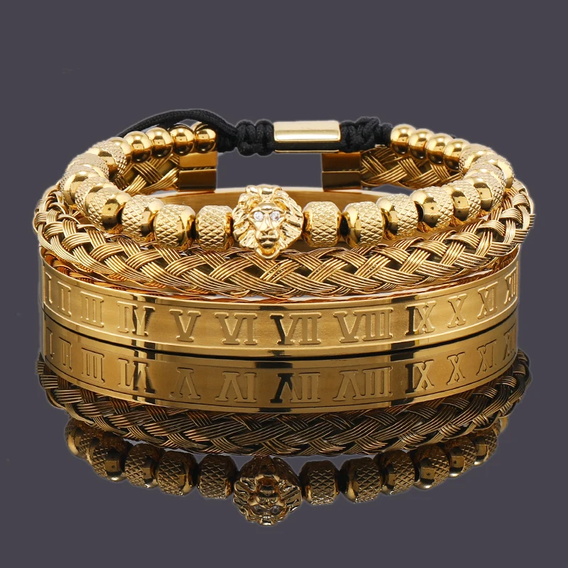 Luxury Lion Head Charm Beaded Man Bracelet Set Roman Stainless Steel Bangles Women Couple Jewelry Gift