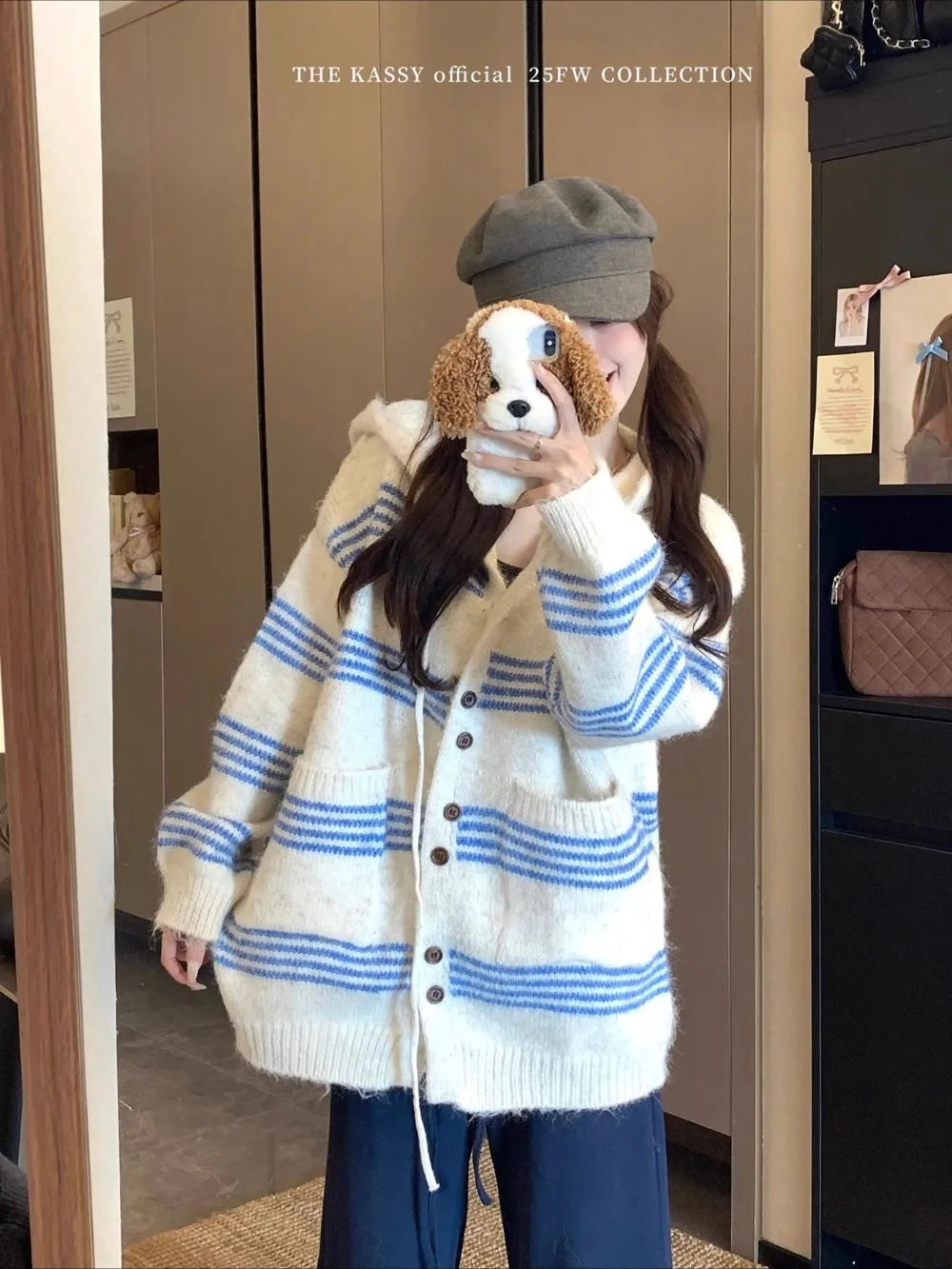 Simple Office Lady Loose Mid-length Cardigan Korea Winter Lazy Panelled Stripe Jumper Casual Knit Hoody Drawstring Mujer