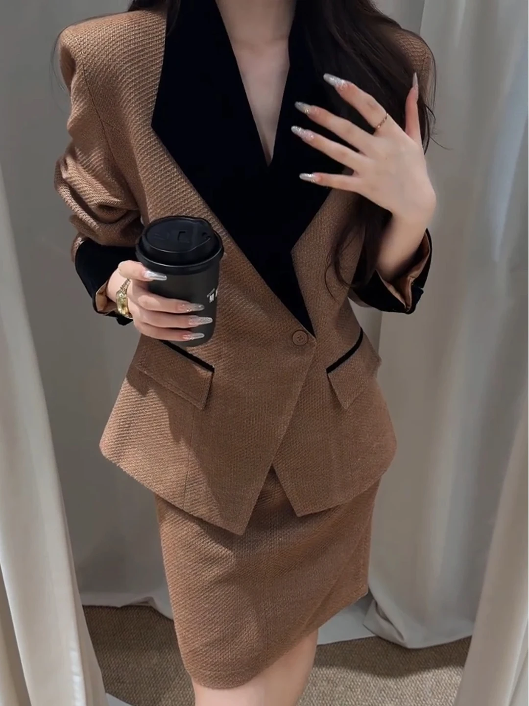 Women's Autumn Winter Tailored Suit Set Waist-Cinching Half-length Color Block Two-piece Ensemble Casual Fashion Workwear