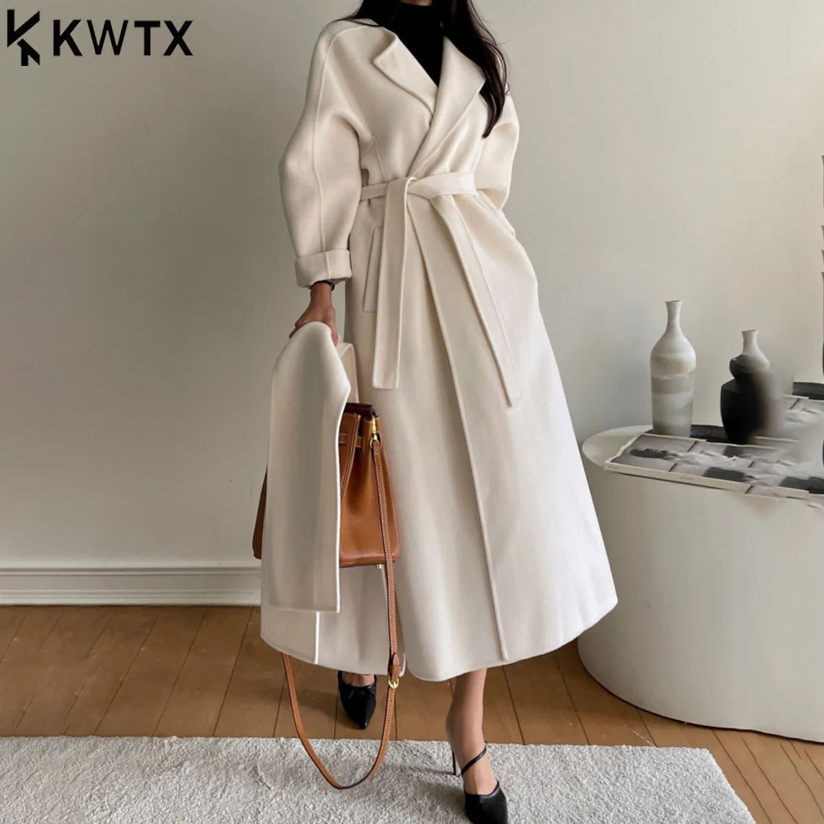 

KWTX Women's Wool Coat Solid Color Long Casual With Scarf Belt Round Neck Vintage Autumn Winter 2025 New High Quality Fashion