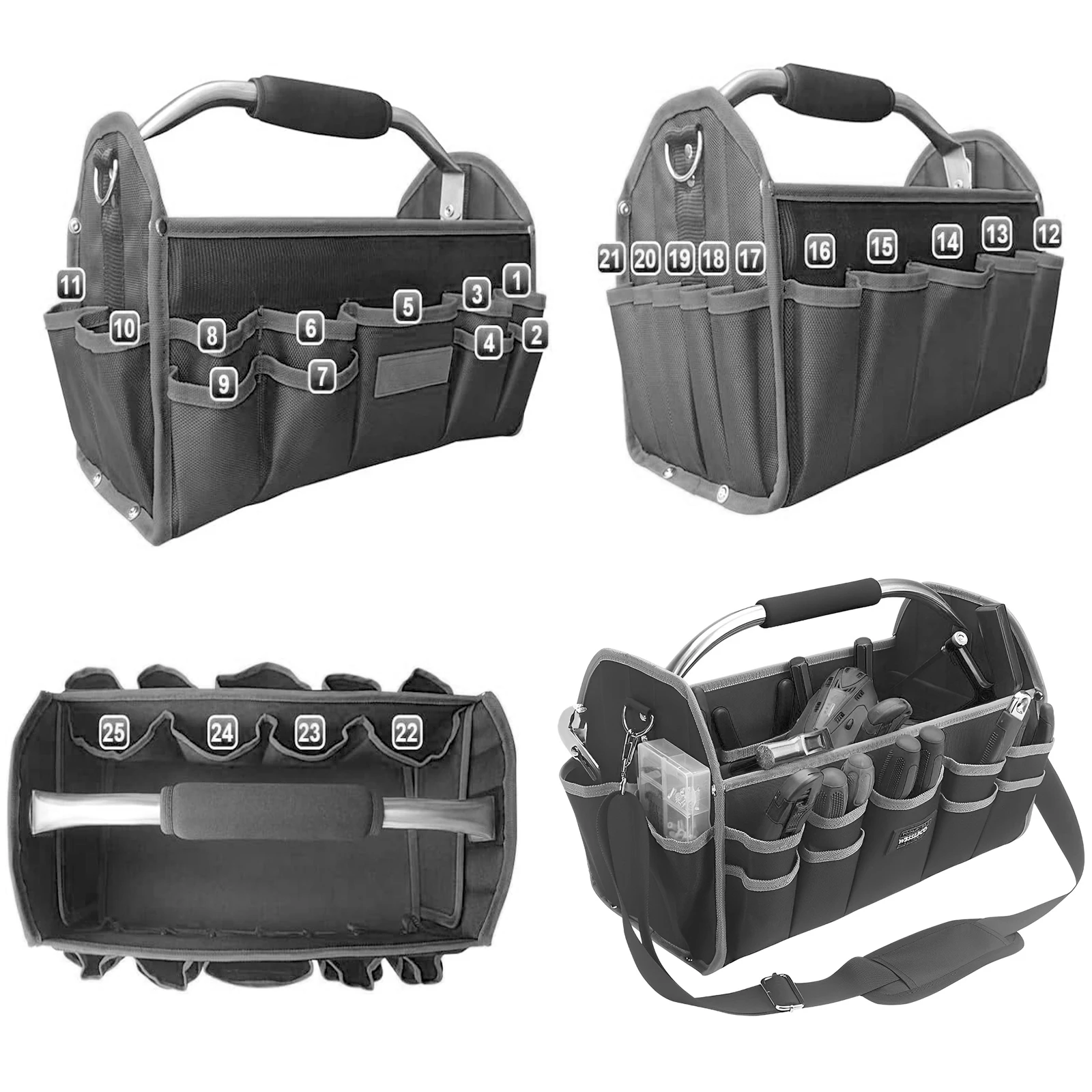 16-18 Inch Waterproof Tool Bag 1680D Oxford Canvas Multifunctional Tool Bag Large Capacity Wrench Screw Repair Storage Organiser