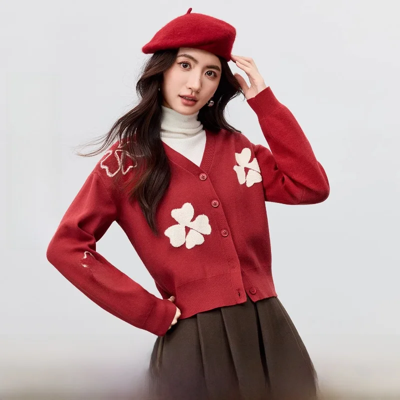 

Commute Simple V-neck Color Block Floral Embroidery Shoulder Drop Sleeve Women's Sweater Core Spun Yarn Cardigan Top