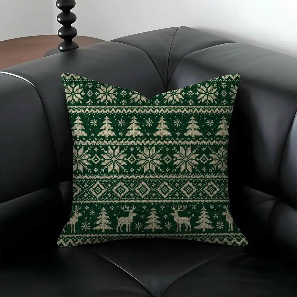 Scandinavian Christmas Jacquard Knit Cushion Cover Natural Linen Pillow Covers, Washable Cushion Cases for Sofa Bed Couch Decor