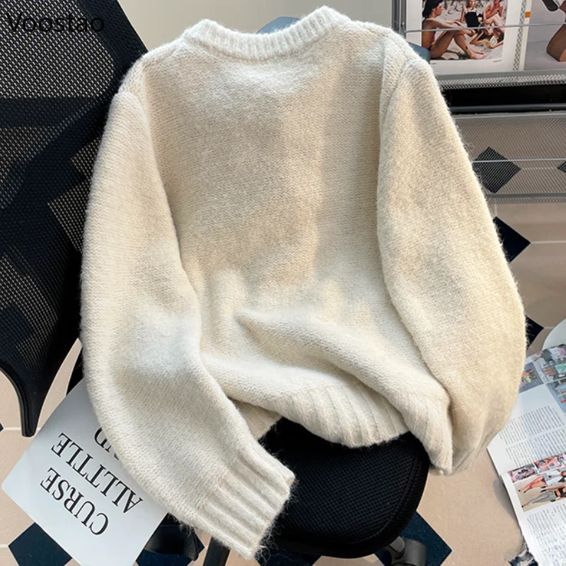 Mori Girl Sweet Knitted Cardigan Women Vintage O-Neck Embroidery Horn Button Sweater Loose Coat Y2k Cute Knitwear Autumn Clothes