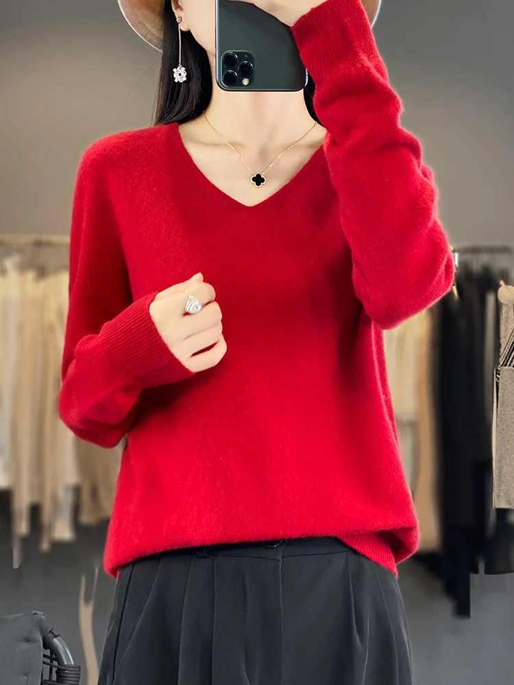 Fashion 100% Merino Wool Sweater Basic Cashmere Women Knitwear Pullover V-Neck Long Sleeve Autumn Winter Clothing Tops