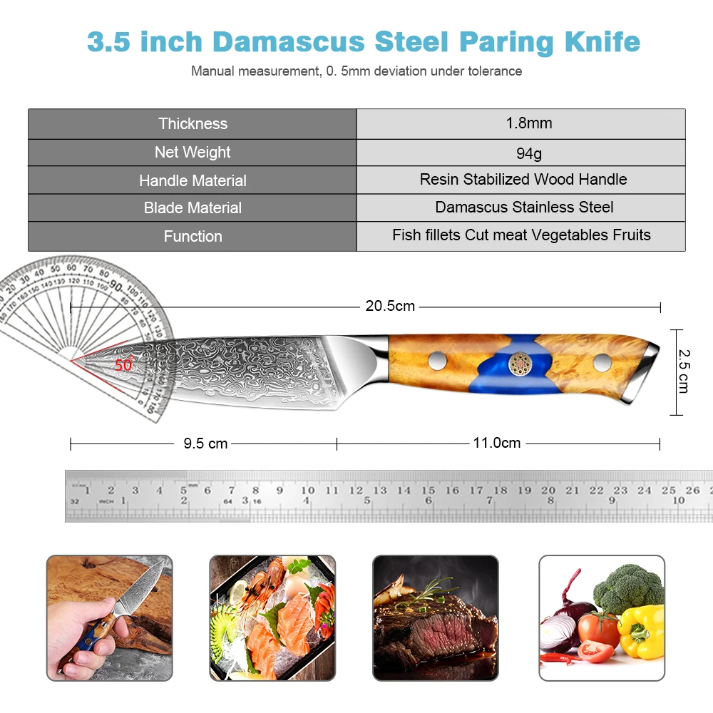 Paring Knife 3.5 Inch Fruit Knives, Small Kitchen Knife, Ultra Sharp Damascus Steel Fruit & Vegetable Knives,Full Tang Handle