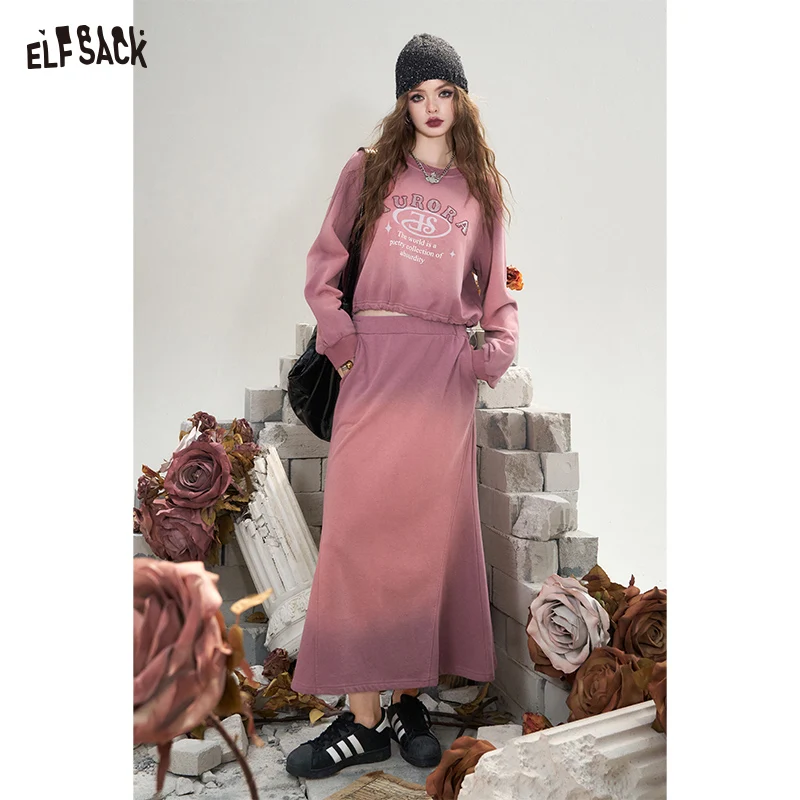 2024 Autumn ELFSACK New Arrivals Gray pink wasteland style retro casual sports sweater skirt two-piece suit for women