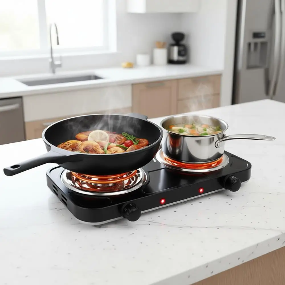 

Портативная электрическая плита 2000 Вт, настольная, с двумя конфорками, двойным управлением и 5-уровневым регулированием температуры, легко чистится, легкая в использовании.