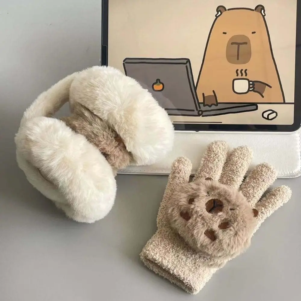 Earmuffs de pelúcia dos desenhos animados para esqui, luvas de dedo completo, capa dobrável, à prova de vento e grosso, confortável, mantenha quente, esqui, inverno